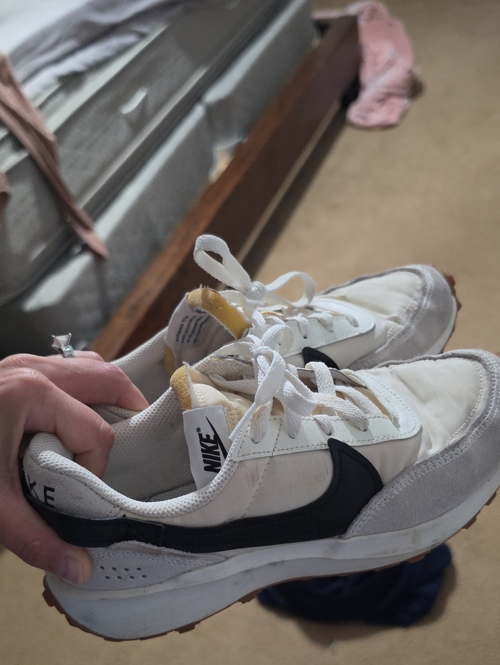 Nike White and Black Women's Athletic Sneakers with Gold Tongue Accent